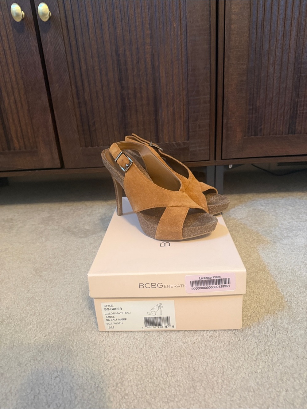 BCBG Camel Suede Crisscross Platform Slingback Heels